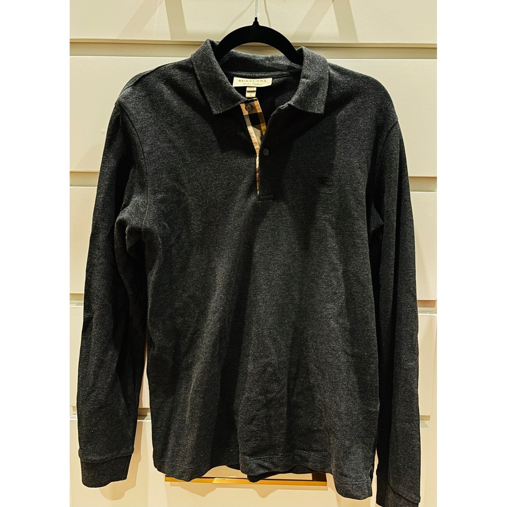 Burberry Mens Long Sleeve Polo Shirt Charcoal Grey House Check Size Medium
